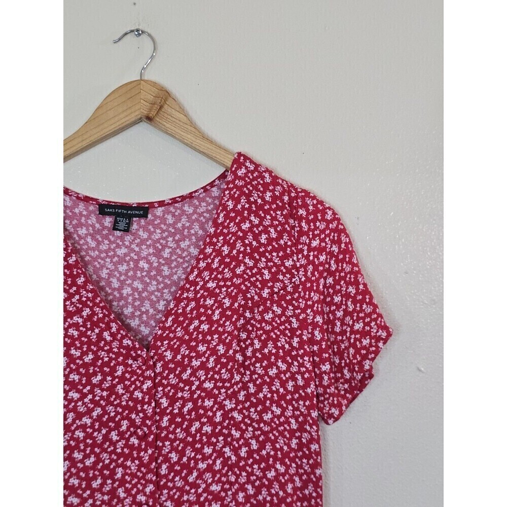 Saks Fifth Avenue Red Ditsy Floral Midi Dress V Neck Tie Back Boho Size 2 - Picture 3 of 12